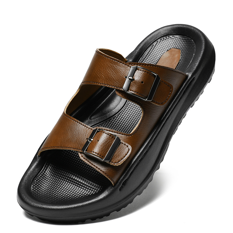 Men'S Shoes With Velcro - Mens Slip On Sandals Leather Slippers