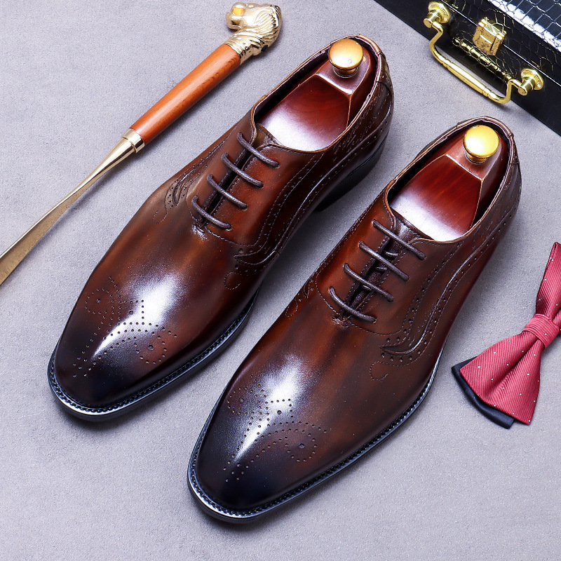 Oxford Brogue Leather - Men's Vintage Script Embossed Brogue Oxford